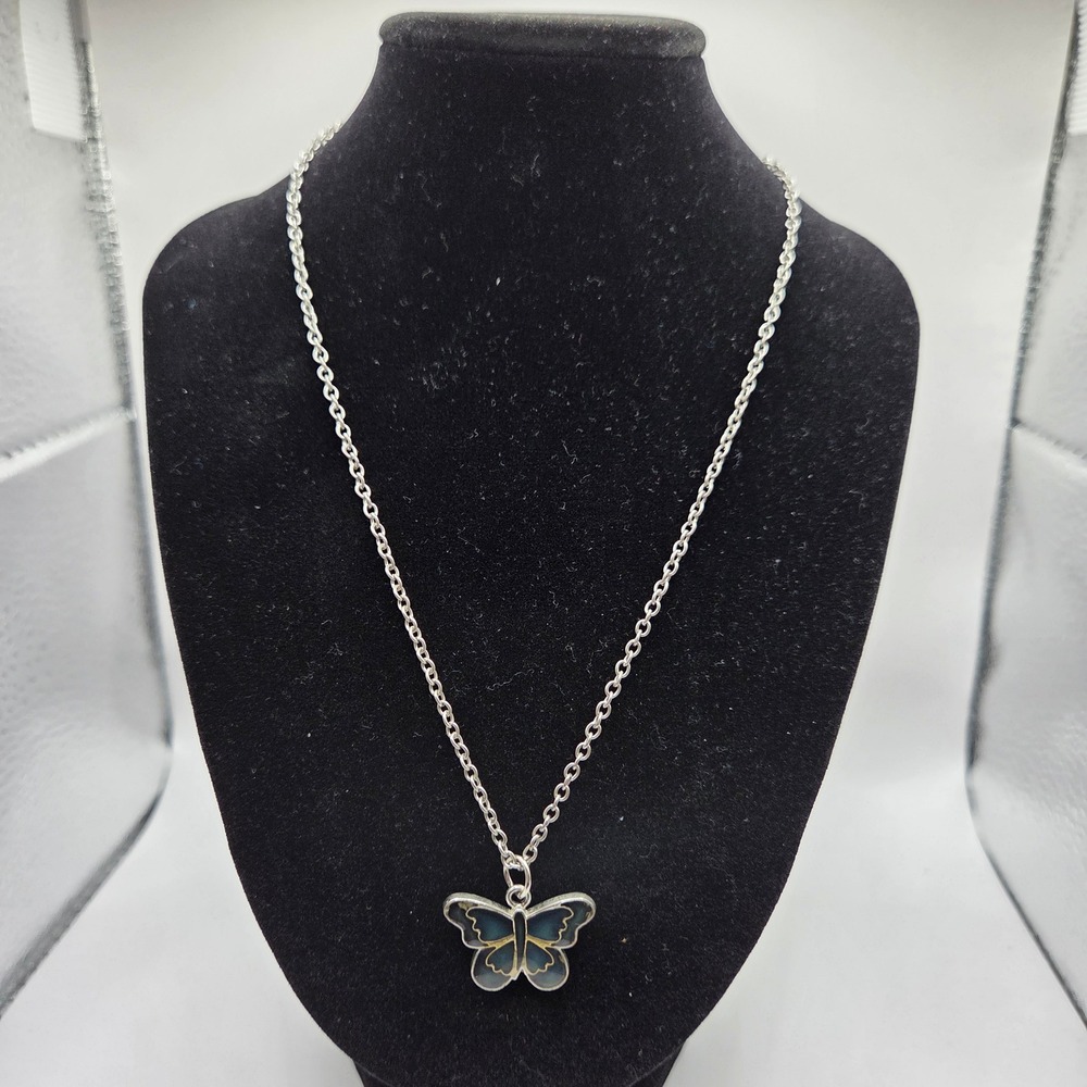 Iridescent Blue Green Butterfly Pendant Necklace Silver Tone 18"